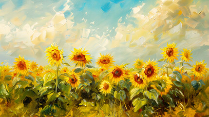 Surreal blue and orange sunflower field oil painting.  Summer warm banner.