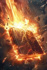 Ancient tome with meteors raining down closeup vibrant energy aura of fury