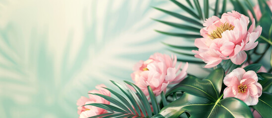 Beautiful  illustration of Philodendron with Peonies on light background. Modern banner.
