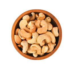 Cashew nuts in wooden bowl on transparent png , top view