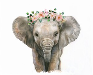 Elephant calf with a floral crown watercolor soft pastels whimsical pure