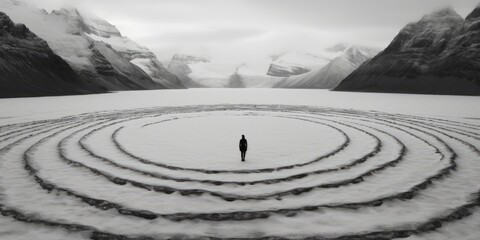 Fototapeta na wymiar A person is walking across a frozen lake