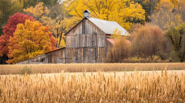 A rustic farmhouse with a barn and a field of golden wheat