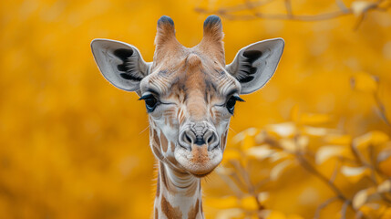 Close-up portrait of a giraffe against the backdrop of the golden savanna, capturing the realism and beauty of wildlife in stunning detail, showcasing the splendor of the animal kingdom
