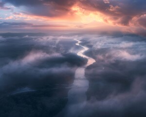 Fototapeta premium Wisps of fog dance over a river at dawn