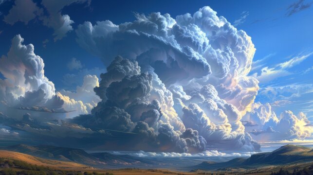 Majestic cumulonimbus clouds tower over a landscape