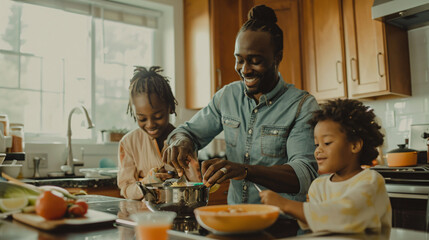 Fototapeta na wymiar A happy multi-racial family shares an intimate moment over a homemade breakfast in a sunlit kitchen filled with warmth and affection.