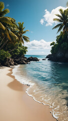 Scenic tropical beach with turquoise water, palm trees swaying in the summer breeze