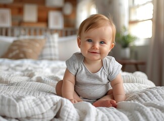 little smiling baby sitting in bedroom