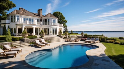 Obraz premium Mediterranean inspired villa with a sprawling garden and a private beach access in the exclusive Hamptons, New York