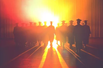 Foto op Plexiglas Silhouetted graduates against glowing background, symbolizing potential © Jennie Pavl