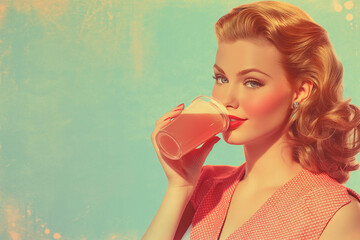 A retro-style advertisement featuring a glamorous woman enjoying a soda fountain drink, harkening...