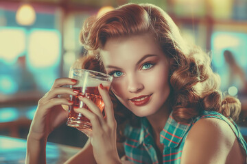 A retro-style advertisement featuring a glamorous woman enjoying a soda fountain drink, harkening...