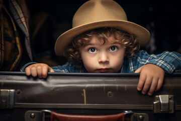 AI generated image of beautiful cute small boy sitting in suitcase