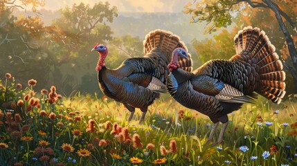 Two turkeys are walking in a field of flowers - obrazy, fototapety, plakaty