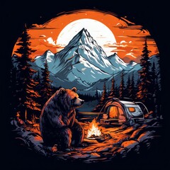 Bears are enjoying a campfire at night, vintage color design, adventure, logo badge vector illustration, print on t-shirt, t shirt design, background illustration