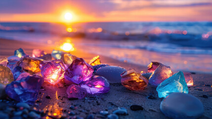 Fototapeta na wymiar Colorful neon gemstones on a beach. Mystical glow.