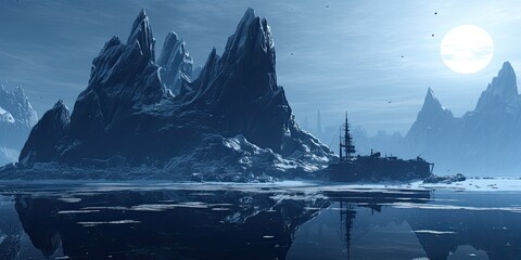 A large ship was sailing in the ocean near the ice mountains