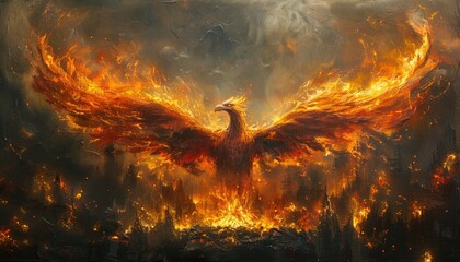 A fiery bird is flying through a sky filled with clouds and fire by AI generated image - obrazy, fototapety, plakaty