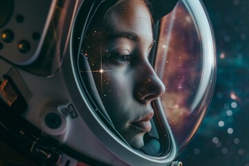 Close-up of a contemplative astronaut with a reflection of the universe in the helmet's visor. - obrazy, fototapety, plakaty