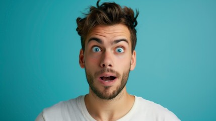 Obraz premium Surprised Man in White Tee with Blue Backdrop