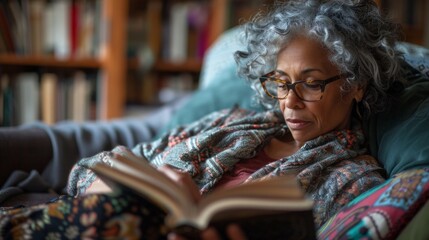 Old retired 70s lady reading book at home, resting on sofa in cozy living room. Mature reader wrapped in knitted blanket relaxing with novel over cup of coffee or chocolate. Close up - obrazy, fototapety, plakaty