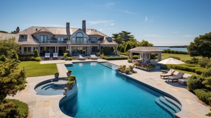 Mediterranean inspired villa with a sprawling garden and a private beach access in the exclusive Hamptons, New York