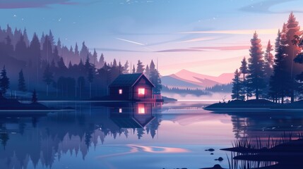 A serene lake with a cabin in the distance