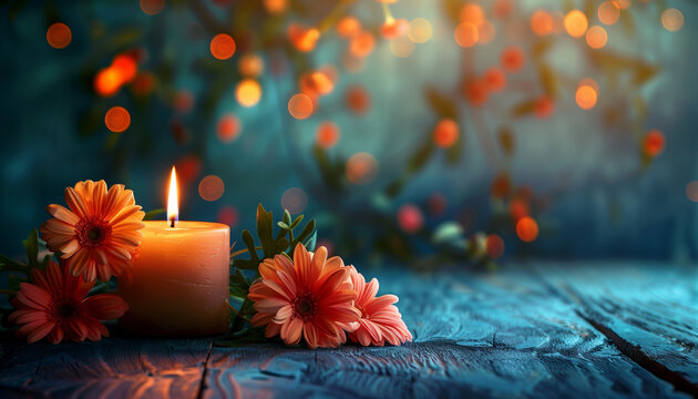 Lit candle with orange flowers on a blue textured surface, bokeh lights in the background, concept for the International Widows' Day
