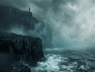 Rugged cliffs against a stormy sea