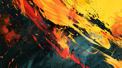abstract background painting with acrylics in orange and red colors ,Abstract painting with red, yellow, and black splashing paint - obrazy, fototapety, plakaty