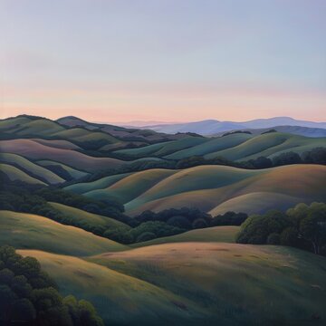 Shades of twilight cascade over rolling hills