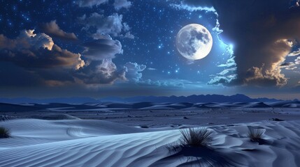 Silent vigil of the moon over a serene desert - obrazy, fototapety, plakaty