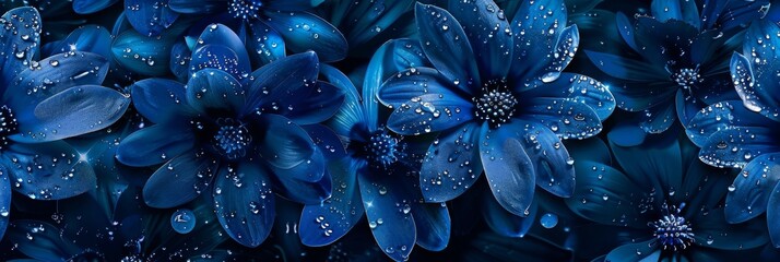 Night-blooming flowers, each petal a deep sapphire blue, with dewdrops captured in diamond-like clarity, all set against a backdrop of moonlit, metallic hues created with Generative AI Technology - obrazy, fototapety, plakaty