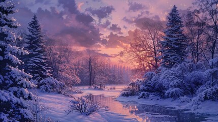 Soft glow of twilight envelops a snowy landscape