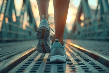 The focus is on the feet of a person taking a deliberate step on a metal bridge at sunset