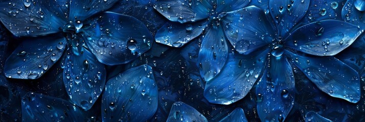 Night-blooming flowers, each petal a deep sapphire blue, with dewdrops captured in diamond-like clarity, all set against a backdrop of moonlit, metallic hues created with Generative AI Technology - obrazy, fototapety, plakaty