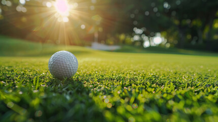 Close view of a golf ball on lush fairway, blurred golf course backdrop, bright greenery - Powered by Adobe