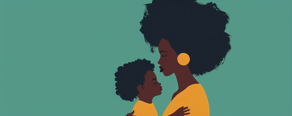 Cute african american black latina mother and child daughter son teal background mother's day family love copy space illustration - obrazy, fototapety, plakaty