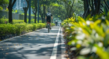Urban bicycle path lined with greenery, promoting sustainable transportation amidst the concrete jungle.