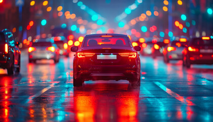 Red car driving on a city street at night with vibrant bokeh lights, concept for the UN Global Road Safety Week
