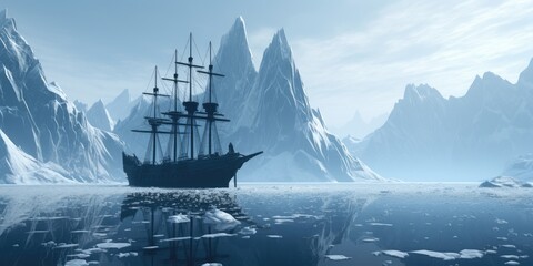 A large ship was sailing in the ocean near the ice mountains