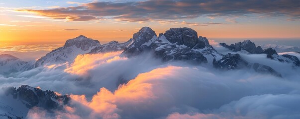 Sun-kissed peaks emerge from a sea of morning clouds - obrazy, fototapety, plakaty