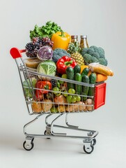 A shopping cart filled with groceries, with price tags showing significantly high amounts, representing the concept of rising food costs and the financial burden on consumers