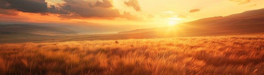 Obraz premium Warm evening breeze sways fields of grass under a breathtaking sunset.