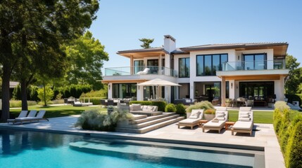 Obraz premium Mediterranean inspired villa with a sprawling garden and a private beach access in the exclusive Hamptons, New York