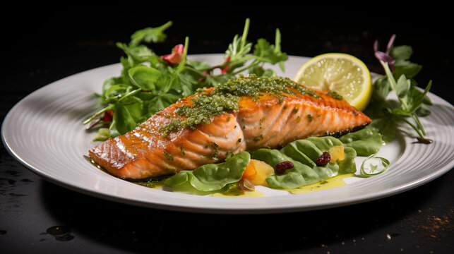 Pav&eacute; de saumon cuit, avec des rondelles de citron, de la coriandre et des aromates. Nourriture, poisson, plat. Pour conception et cr&eacute;ation graphique.