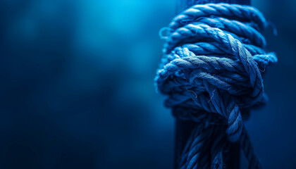 Close-up image of a knotted rope, against a blurred blue background, concept for the United Nations International Day in Support of Victims of Torture