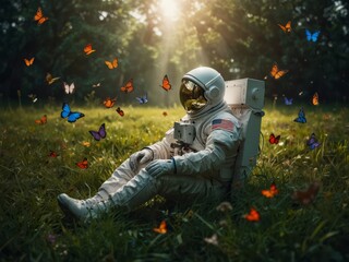 Astronaute en mode détente dans l'herbe entouré de papillons - obrazy, fototapety, plakaty