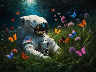 Astronaute en mode détente dans l'herbe entouré de papillons